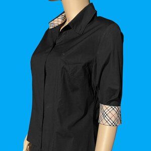 Burberry London 3/4 Sleeve Black Shirt Button-Up Nova Check Trim Size 13 M L